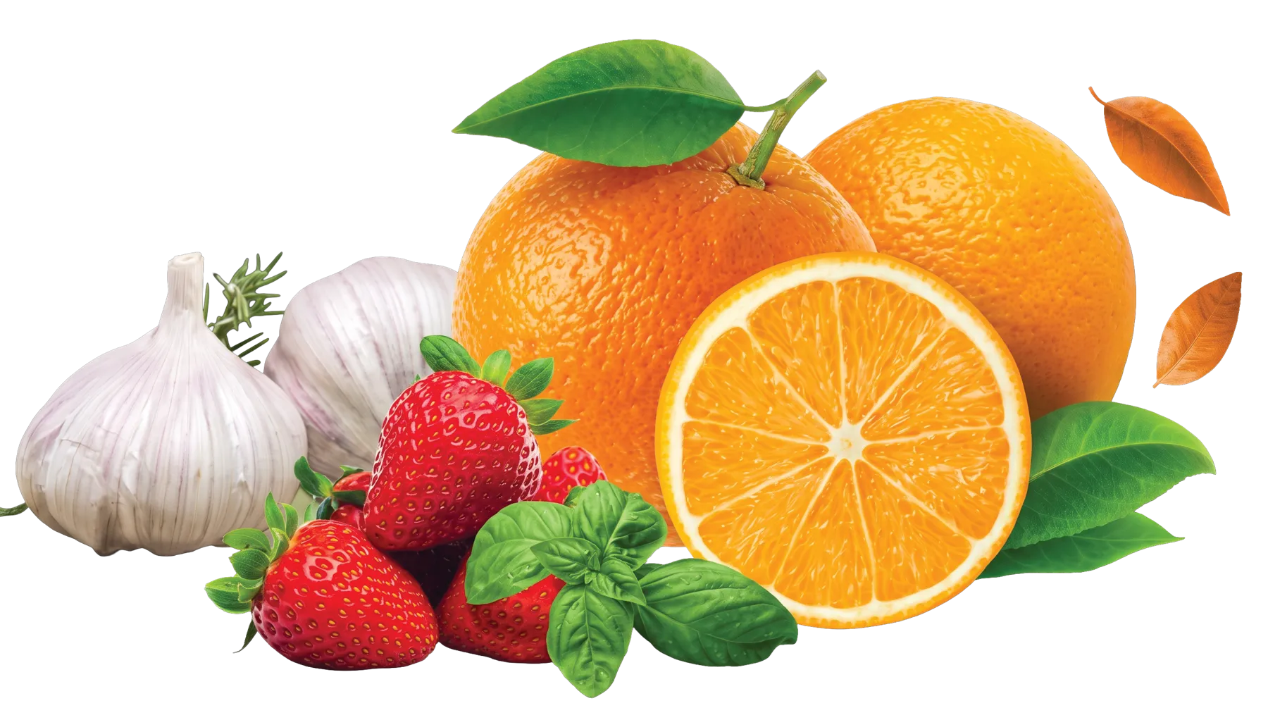 Egyptian oranges, strawberries and garlic